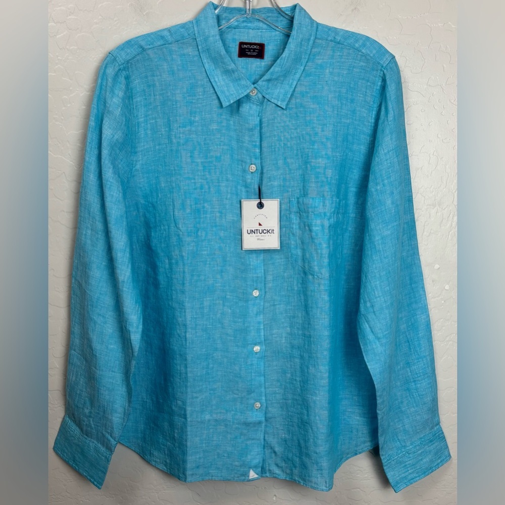 NEW UNTUCKit Womens 14 Linen Button Down Shirt Aqua Blue Long Sleeve 1000